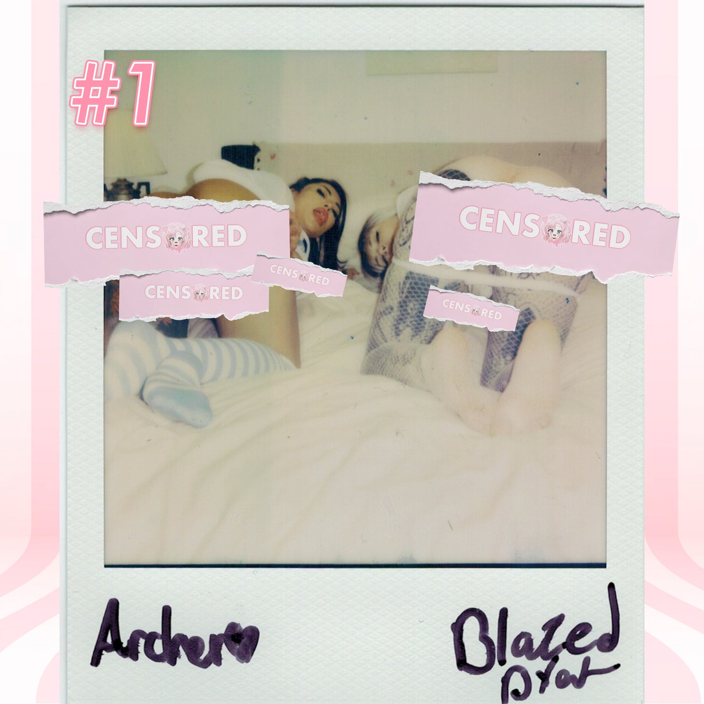 Signed polaroid of Blazed Brat in Red Pendant Bodychain G-String and duo shot with Archer