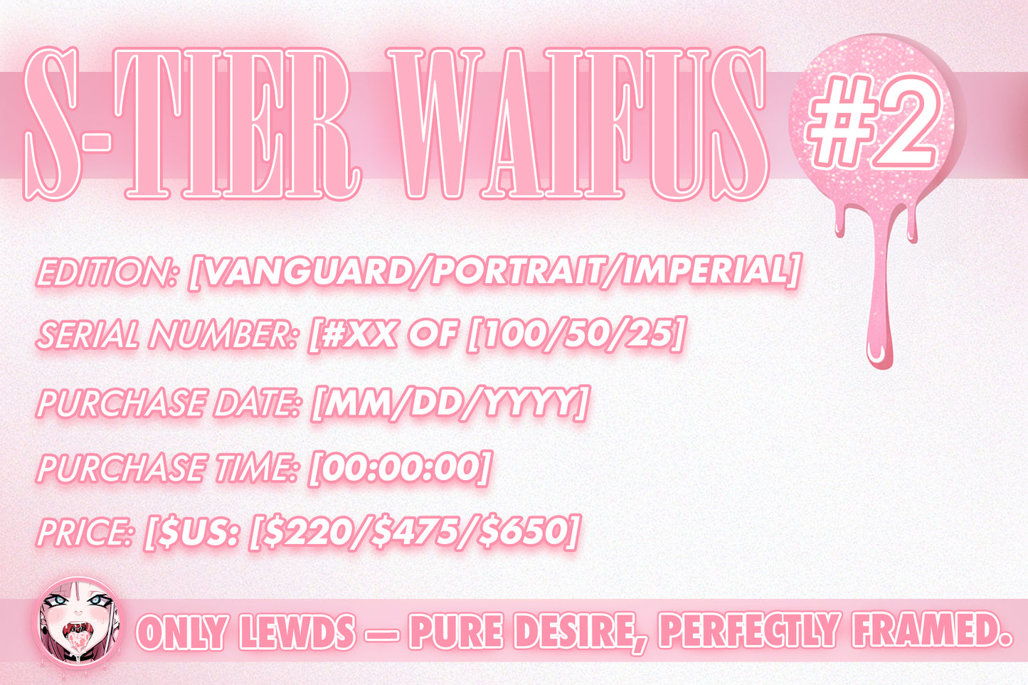Promotional graphic for 'S-Tier Waifus #2' with text and a character illustration on a pink background.