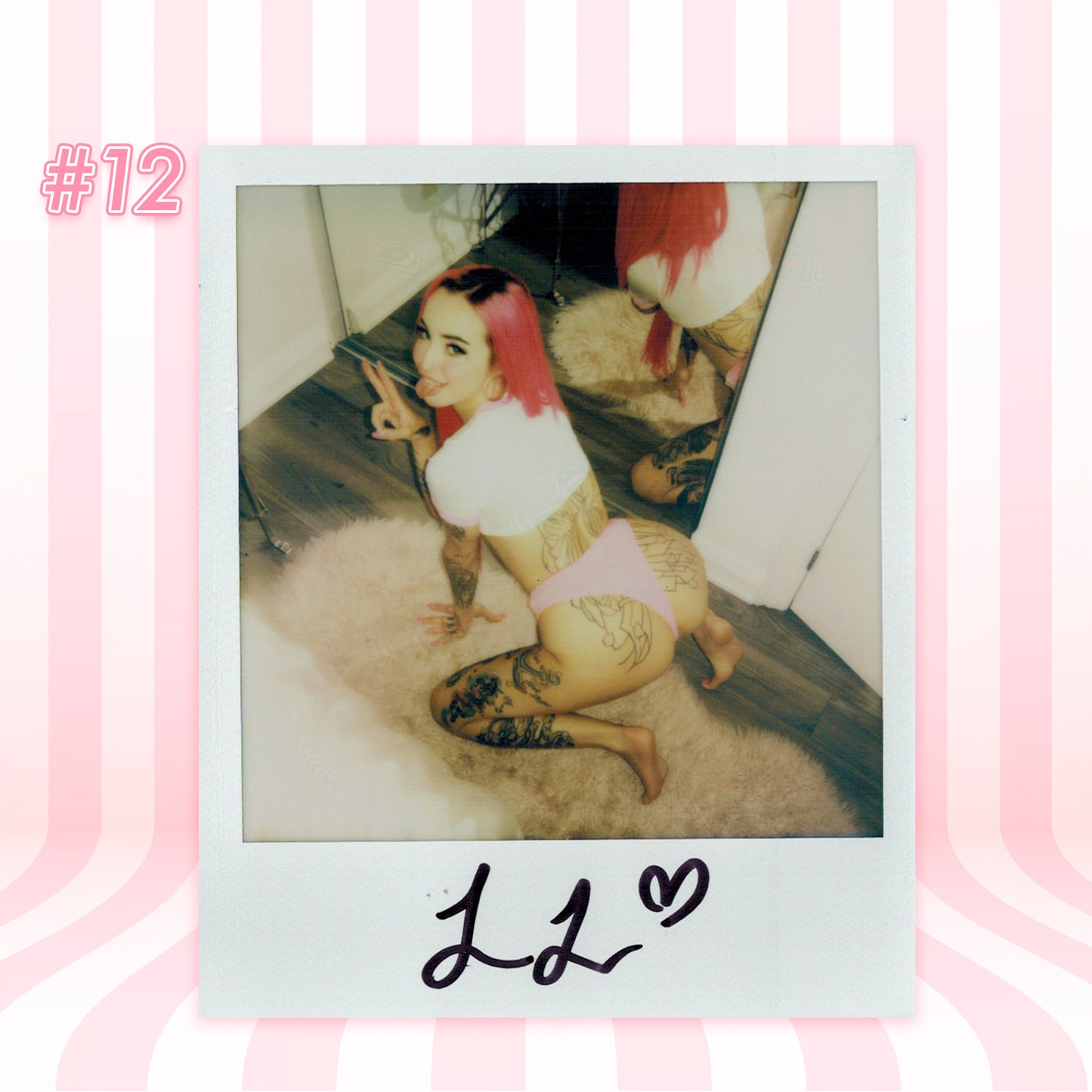 Lucy Lovesick with pink hair, posing in Lewd Fashion, captured in exclusive polaroids.