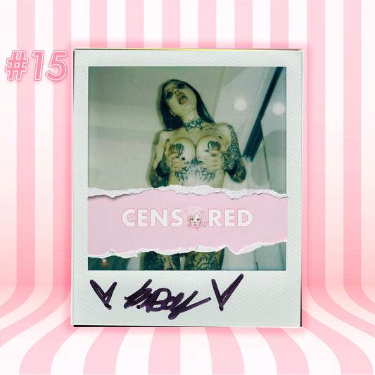 Polaroid-style photo with a person and 'CENSORED' text on a pink striped background