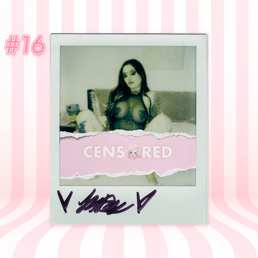 Polaroid-style photo with a person on a couch, labeled 'CENSORED' on a pink and white striped background.