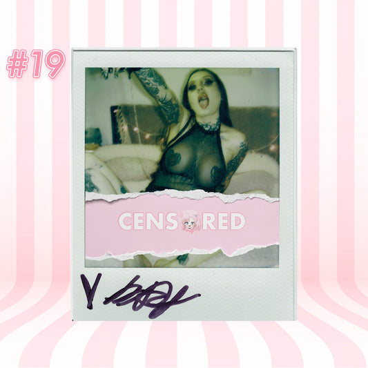 Image with a person in a revealing outfit, text 'CENSORED', and a signature on a pink and white striped background.