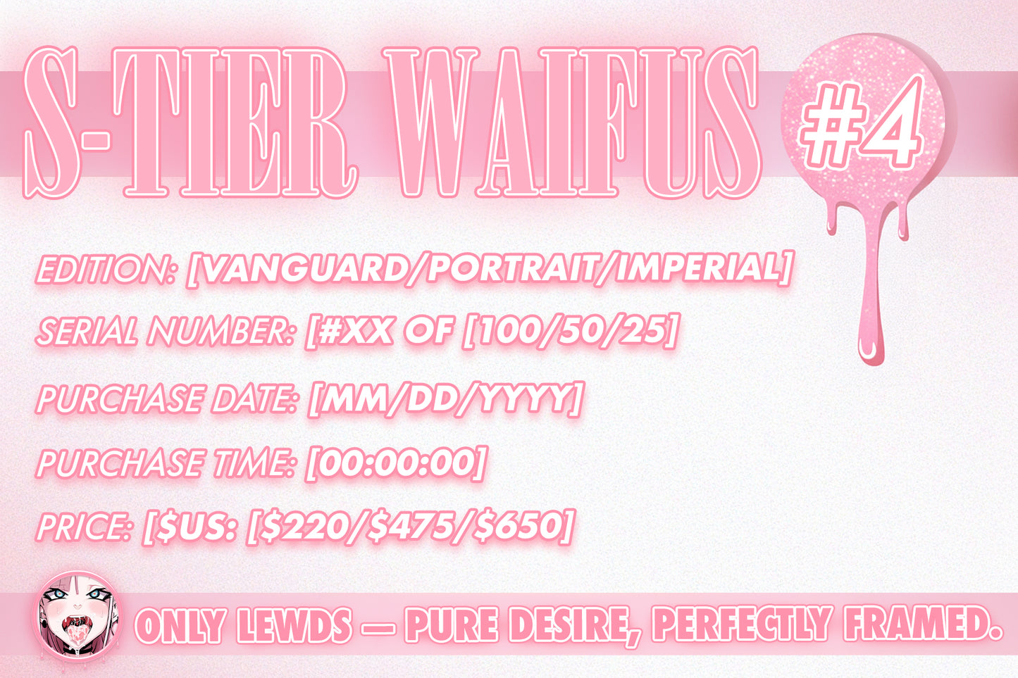 Promotional graphic for 'S-Tier Waifus #4' with text and a character illustration on a pink background.