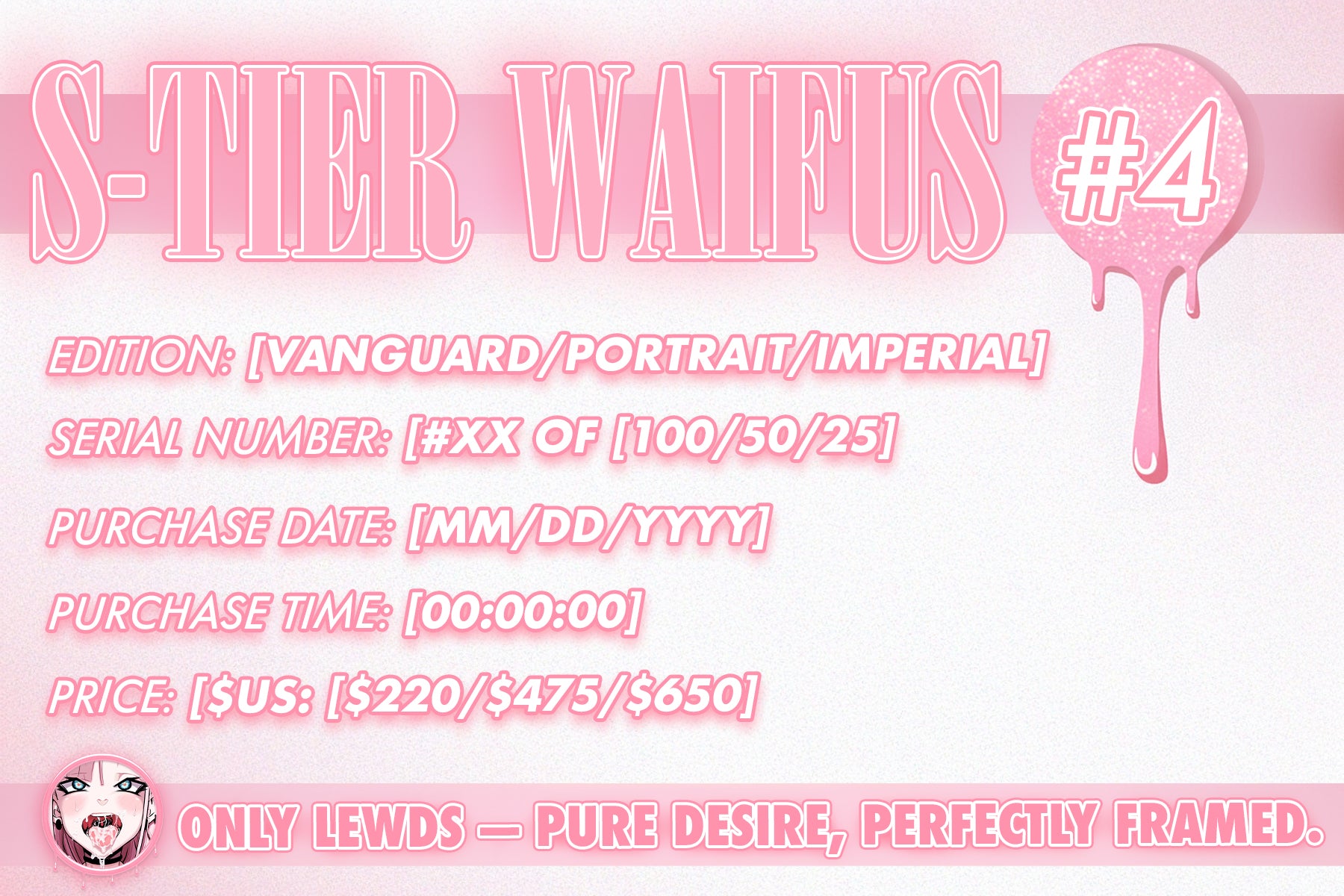 Promotional graphic for 'S-Tier Waifus #4' with text and a character illustration on a pink background.