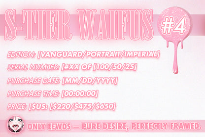 Promotional graphic for 'S-Tier Waifus #4' with text and a character illustration on a pink background.