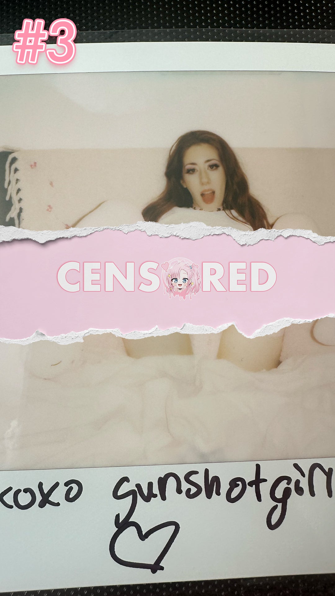 Gunshotgirl wearing Lewd Fashion's iconic Lewd Crop Top and trendy pink denim shorts in a hand-signed Polaroid.

