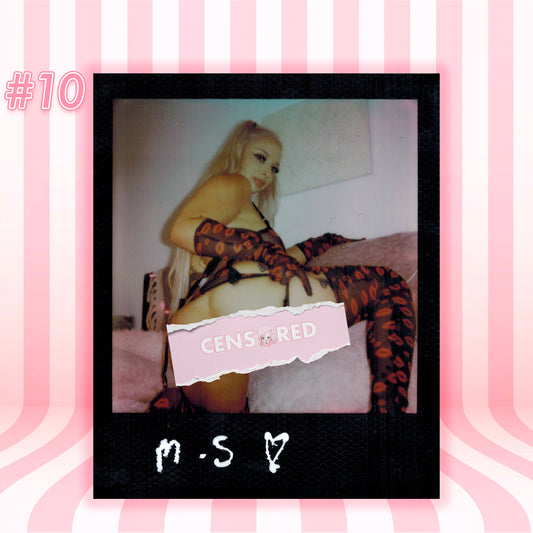 A Polaroid-style photo print featuring a blonde woman posing in sheer black and red leopard-print stockings and matching arm warmers, with a pink torn-paper label reading 'CENSURED'. The print is centered on a pink striped background with decorative text elements.