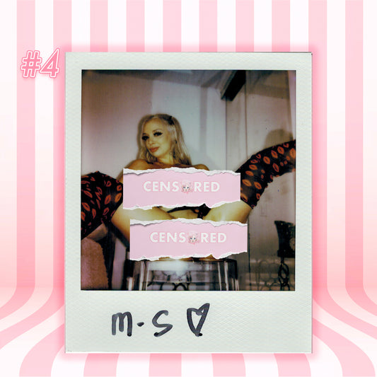 A retro-style polaroid photo print featuring a blonde woman in a pink and black patterned outfit, with pink censorship overlays reading 'CENSORED'. The print is set against a pink and white wavy striped background with '#4' in the top left and 'm-s♡' written at the bottom.