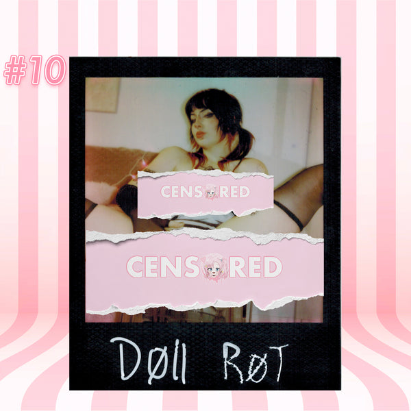 A square product cover or print featuring a Polaroid-style photo with a black border and pink torn-paper overlays reading 'CENSORED'. The bottom black band has white handwritten text reading 'Døl Røt'.