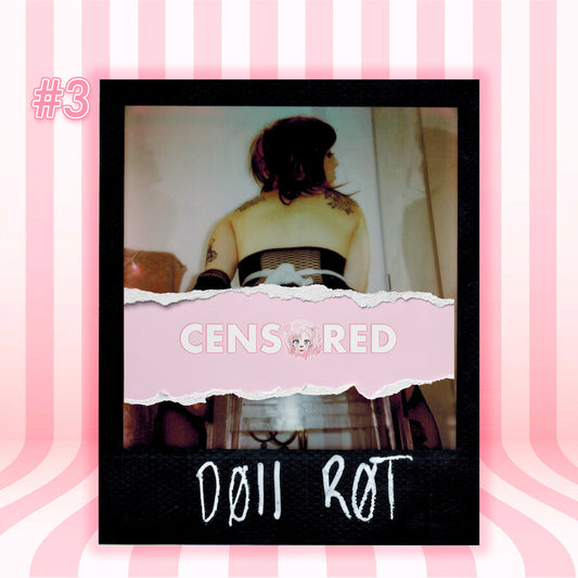A Polaroid-style photo print centered on a pink striped background. The print shows a person from behind wearing a black and white striped top, with a torn pink banner across the middle reading 'CENSORED' and the text 'DOLL ROT' at the bottom.