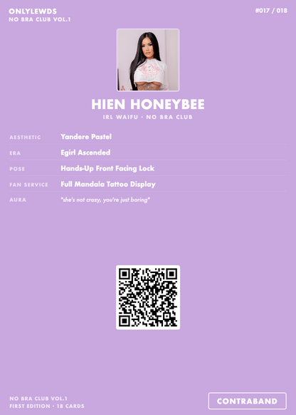 Card featuring a person with text and a QR code on a purple background