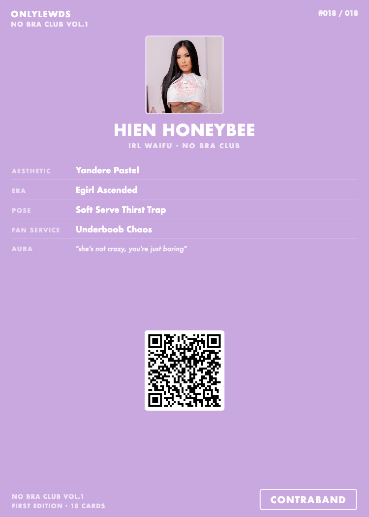 Card featuring a person with text and a QR code on a purple background