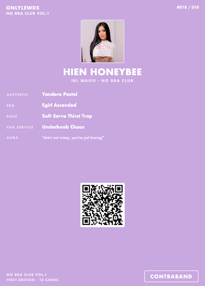 Card featuring a person with text and a QR code on a purple background