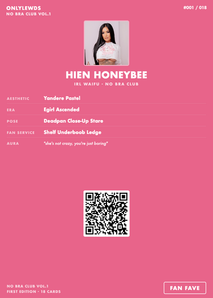 Card with a person's photo, text, and QR code on a pink background