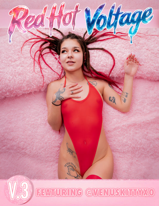 Woman in a red swimsuit lying on pink fabric with 'Red Hot Voltage' text above.