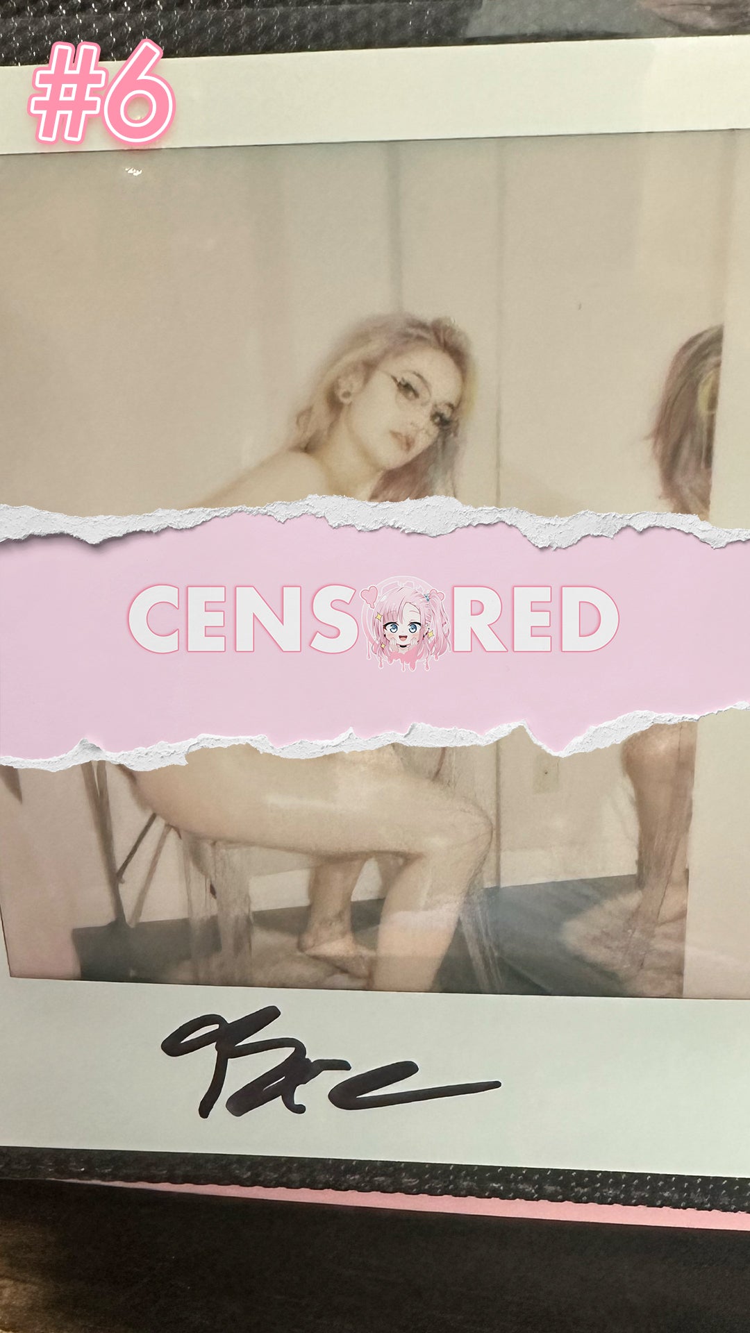 Signed Polaroids of Bre Kitsune modeling Lewd Fashion Anime Leggings and pink shimapan panties, glistening with coconut oil.